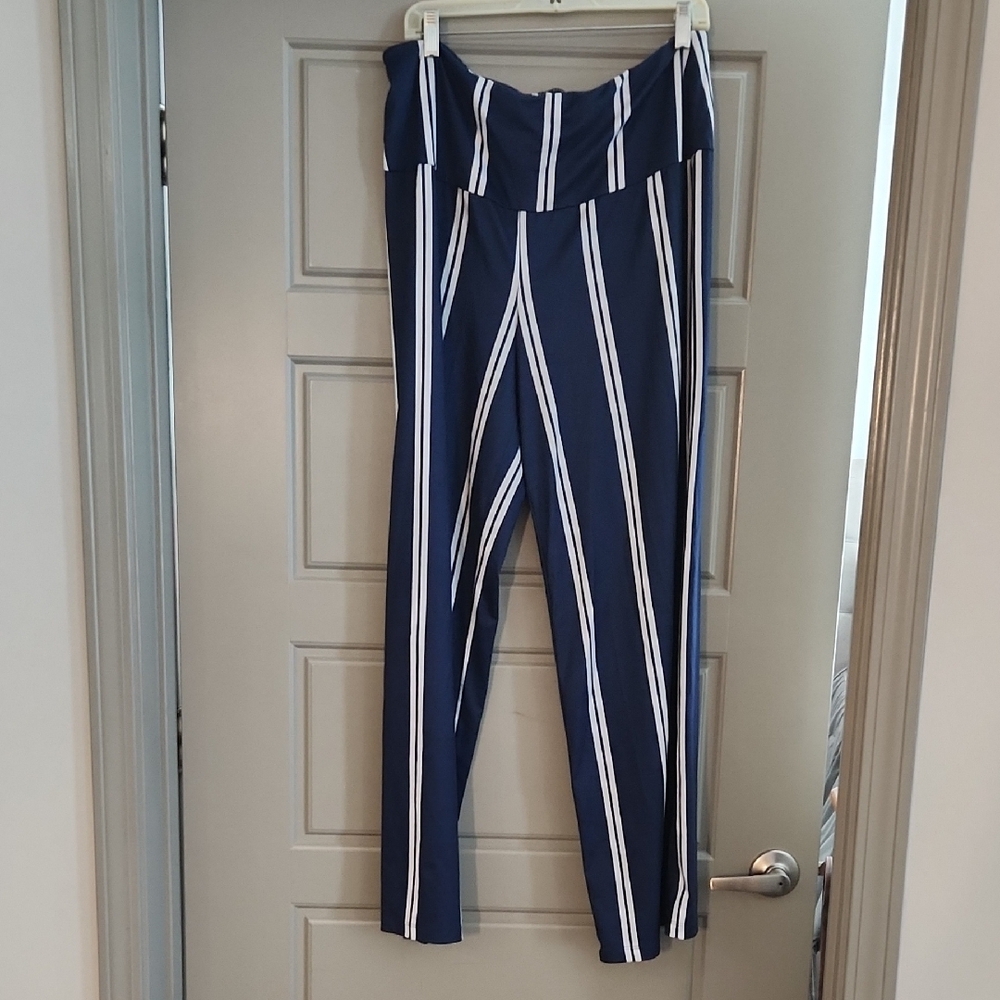 Blue and White Wide Leg Striped Pants